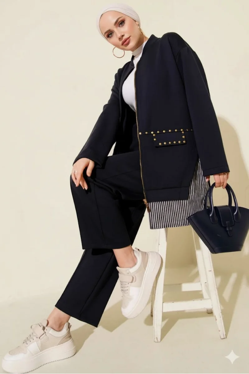 Lacivert Premium Çizgili Ofis Şıklığı İkili Takım