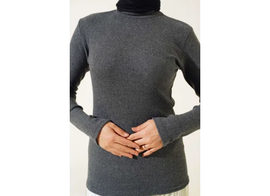 Antrasit Boğazlı Fitilli Triko Body