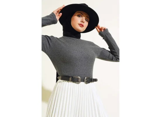 Antrasit Boğazlı Fitilli Triko Body
