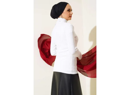 Beyaz Boğazlı Fitilli Triko Body