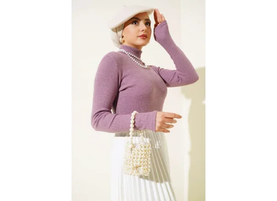 Lila Boğazlı Fitilli Triko Body