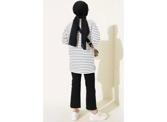 Siyah Beyaz Çizgili Oversize Uzun Tunik