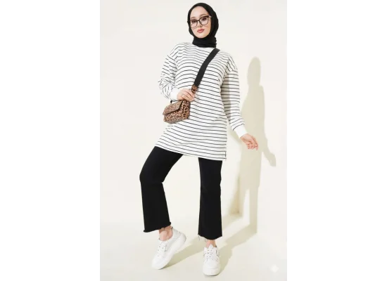 Siyah Beyaz Çizgili Oversize Uzun Tunik