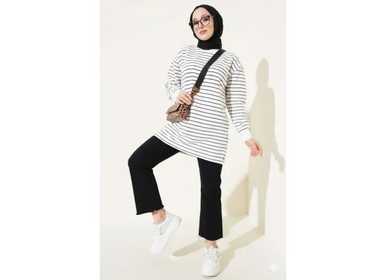 Siyah Beyaz Çizgili Oversize Uzun Tunik