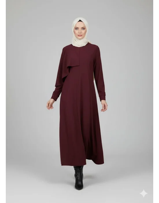 Premium Esnek Çelik Örme Nervürlü Uzun Bordo Elbise