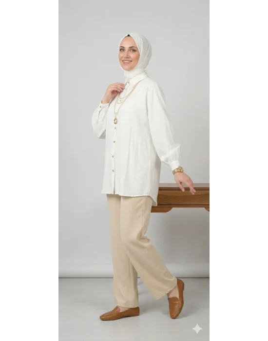 Yazgı Moda Kadın Beyaz Hakim Yaka Balon Kol Tesettür Gömlek