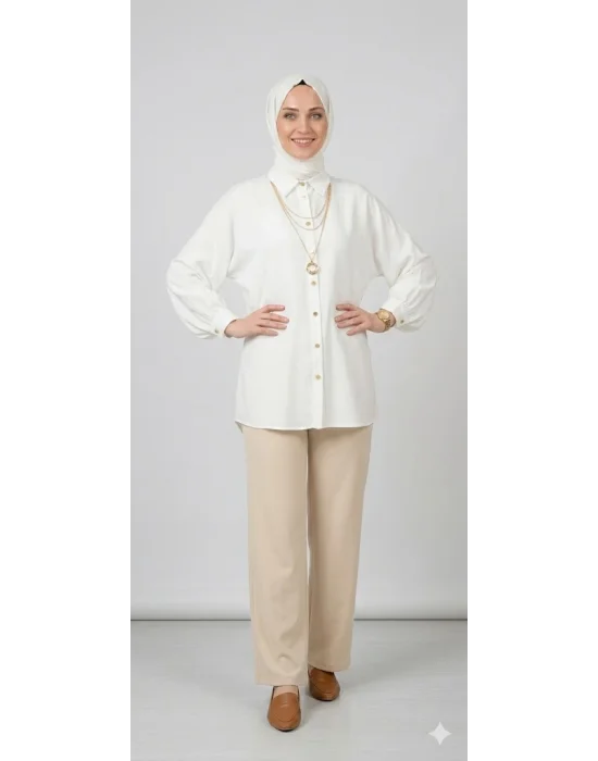Yazgı Moda Kadın Beyaz Hakim Yaka Balon Kol Tesettür Gömlek