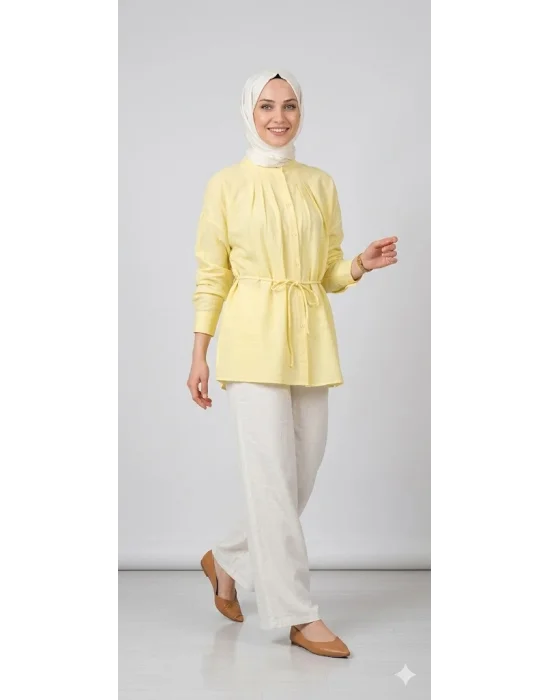 Yazgı Moda Kadın Limon Sarısı Hakim Yaka Kuşaklı Tesettür Gömlek