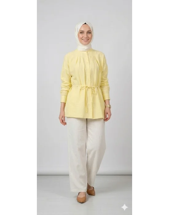 Yazgı Moda Kadın Limon Sarısı Hakim Yaka Kuşaklı Tesettür Gömlek