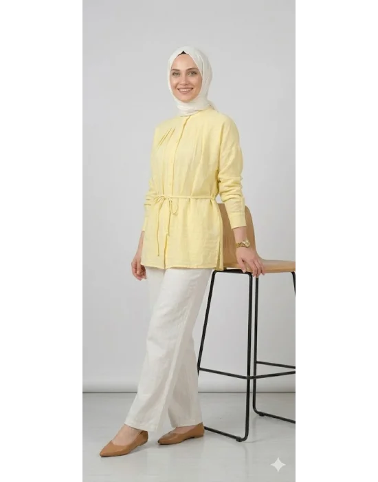 Yazgı Moda Kadın Limon Sarısı Hakim Yaka Kuşaklı Tesettür Gömlek
