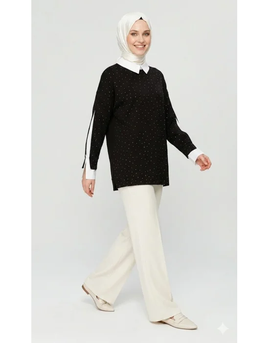 Yazgı Moda Kadın Siyah Beyaz Yaka Detaylı Puanlı İki Parçalı Görünümlü Tesettür Tunik