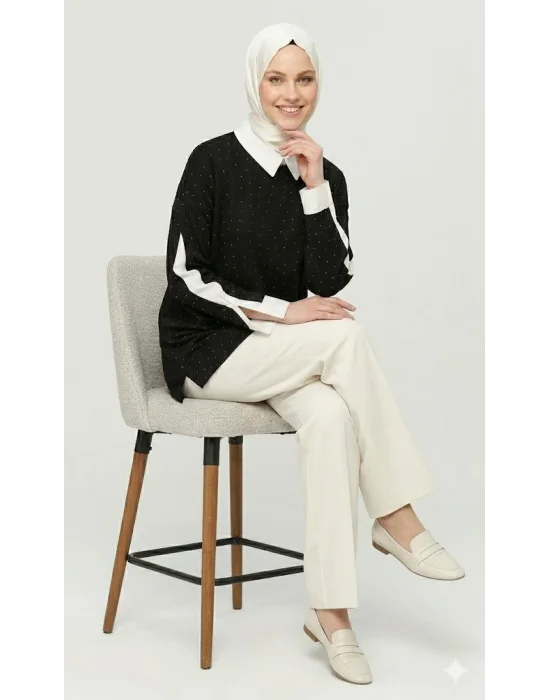 Yazgı Moda Kadın Siyah Beyaz Yaka Detaylı Puanlı İki Parçalı Görünümlü Tesettür Tunik