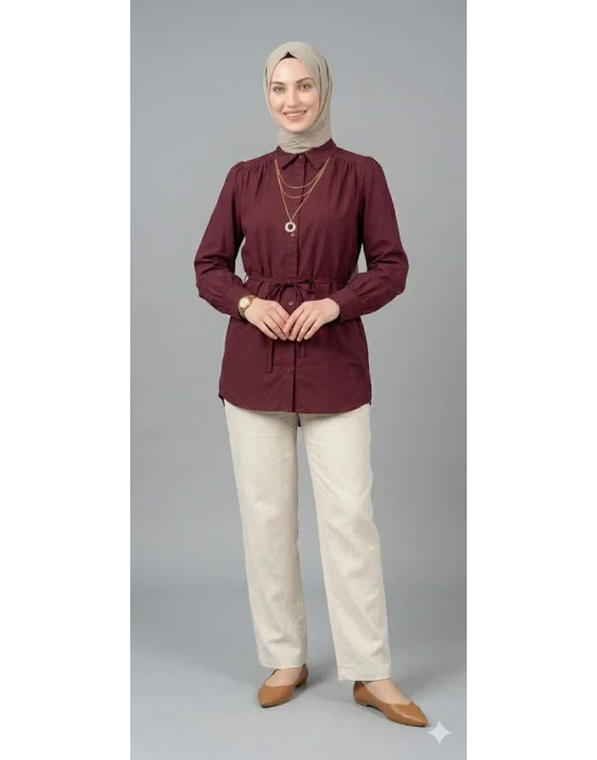 Kadın Bordo Belden Bağlamalı Düğmeli Tesettür Gömlek Tunik