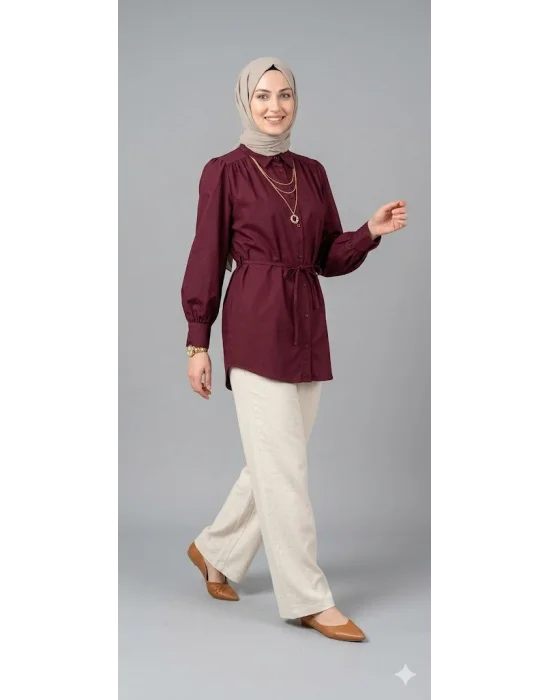 Kadın Bordo Belden Bağlamalı Düğmeli Tesettür Gömlek Tunik