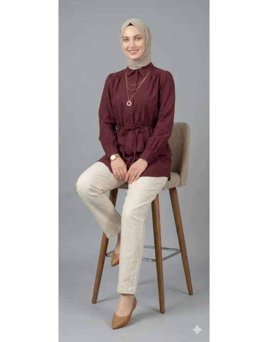 Kadın Bordo Belden Bağlamalı Düğmeli Tesettür Gömlek Tunik