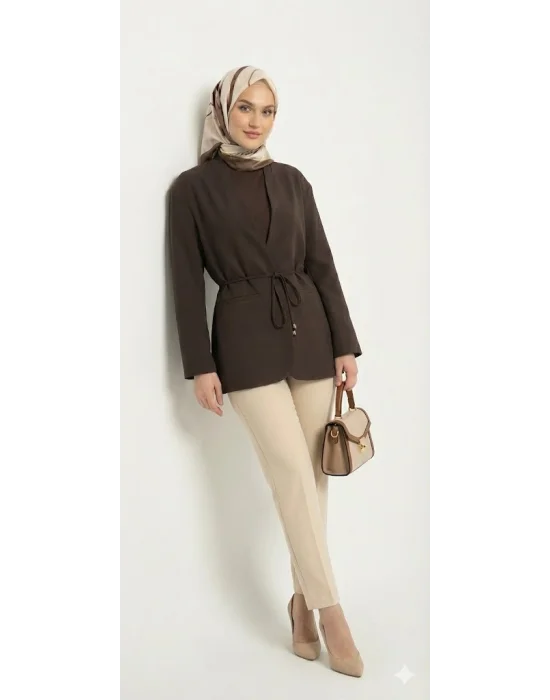 Yazgı Moda Kadın Koyu Kahve Beli Bağlamalı V Yaka Kruvaze Ceket