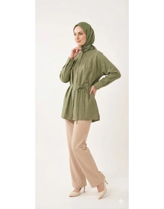 Yazgı Moda Kadın Haki Hakim Yaka Kuşaklı Tesettür Gömlek