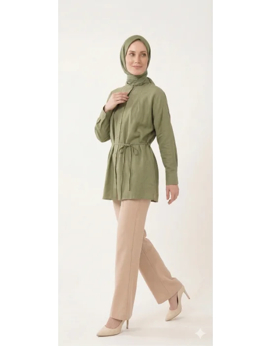 Yazgı Moda Kadın Haki Hakim Yaka Kuşaklı Tesettür Gömlek