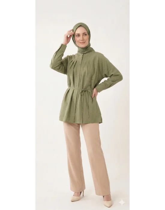 Yazgı Moda Kadın Haki Hakim Yaka Kuşaklı Tesettür Gömlek