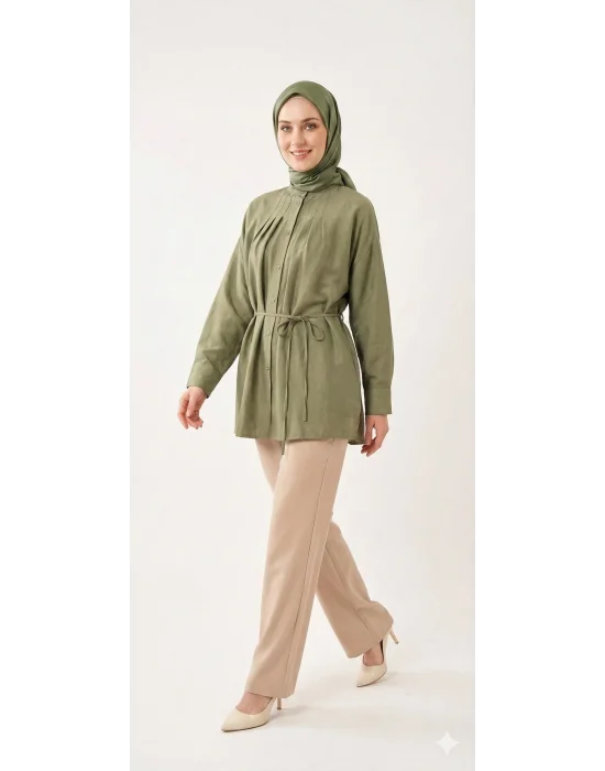 Yazgı Moda Kadın Haki Hakim Yaka Kuşaklı Tesettür Gömlek