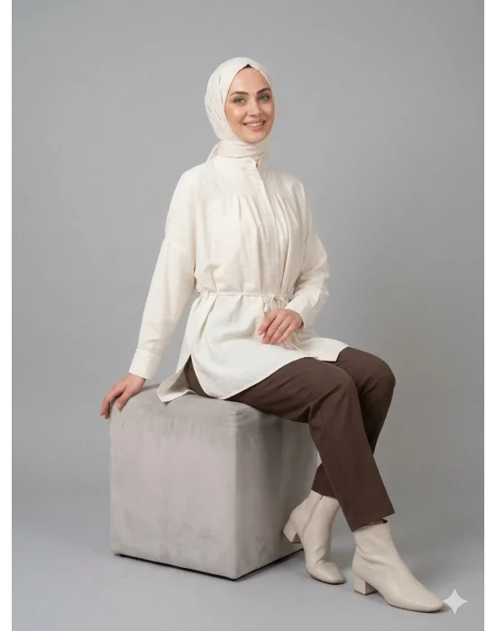 Yazgı Moda Kadın Ekru Hakim Yaka Kuşaklı Tesettür Gömlek