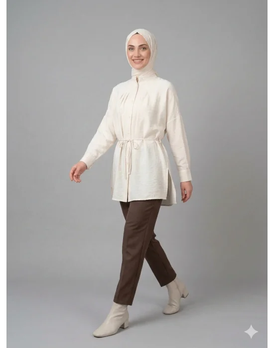 Yazgı Moda Kadın Ekru Hakim Yaka Kuşaklı Tesettür Gömlek