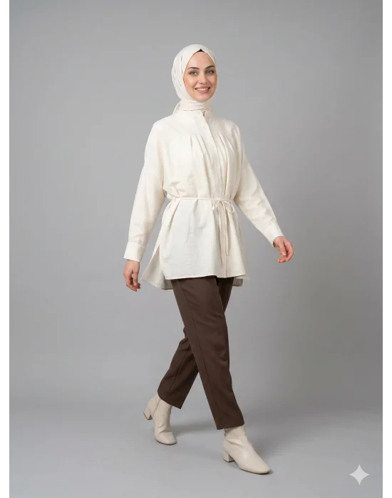 Yazgı Moda Kadın Ekru Hakim Yaka Kuşaklı Tesettür Gömlek
