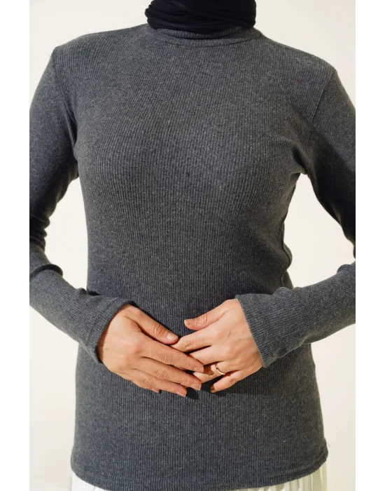 Antrasit Boğazlı Fitilli Triko Body