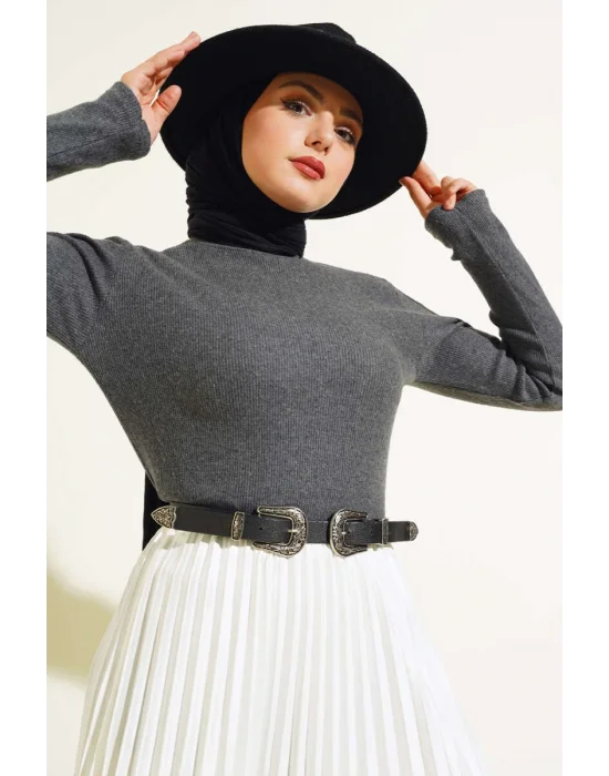 Antrasit Boğazlı Fitilli Triko Body