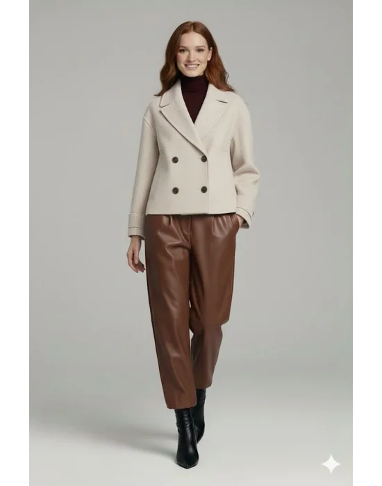 Bej Kadın Premium Kaşe Crop Ceket