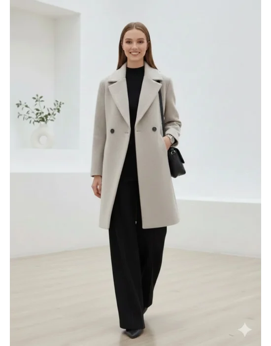 Bej Moskov Premium Kruvaze Yünlü Kaşe Kaban