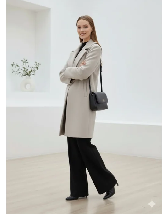 Bej Moskov Premium Kruvaze Yünlü Kaşe Kaban