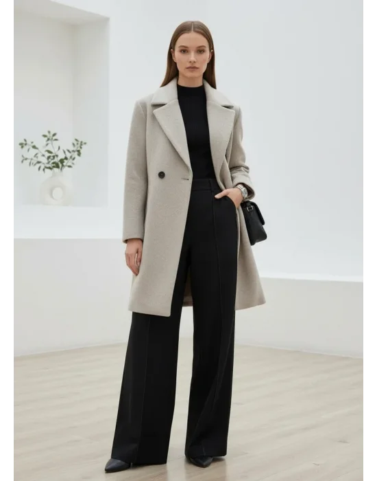 Bej Moskov Premium Kruvaze Yünlü Kaşe Kaban