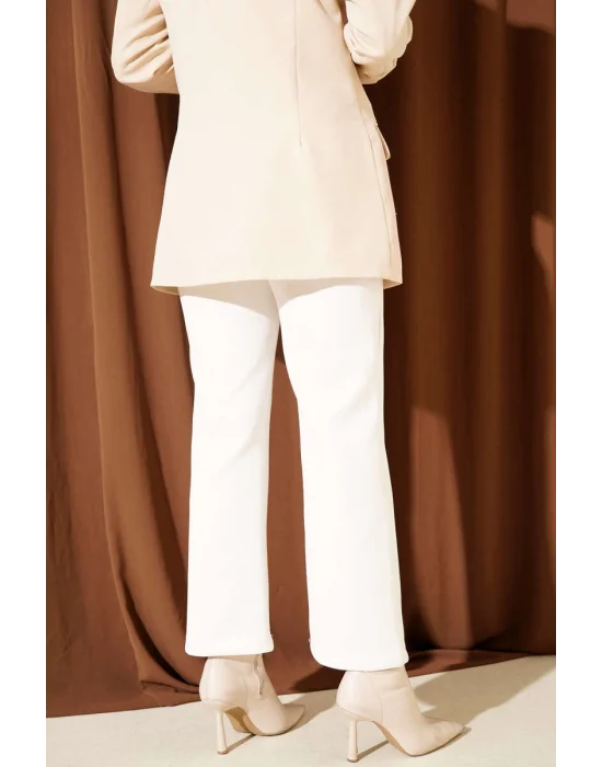 Beyaz Çımalı Yüksek Bel Boru Paça Pantolon