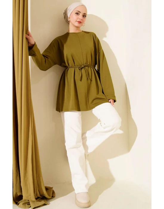 Bisiklet Yaka İp Kuşaklı Tunik Yağ Yeşil