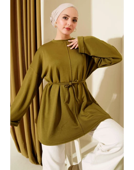Bisiklet Yaka İp Kuşaklı Tunik Yağ Yeşil