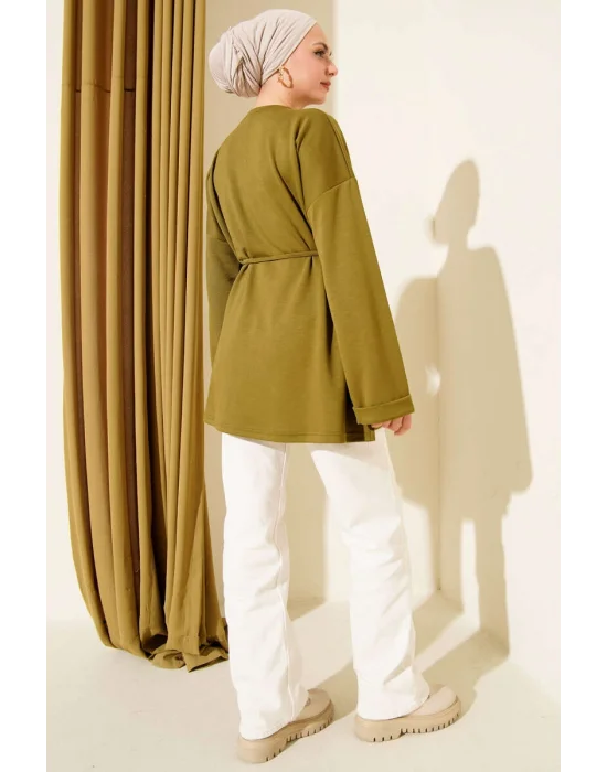 Bisiklet Yaka İp Kuşaklı Tunik Yağ Yeşil