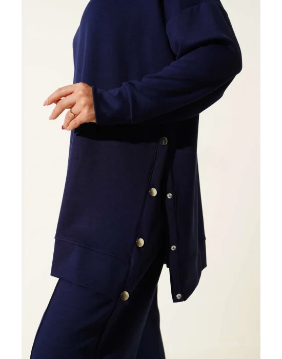 Bisiklet Yaka Yanları Metal Düğmeli İkili Takım Lacivert