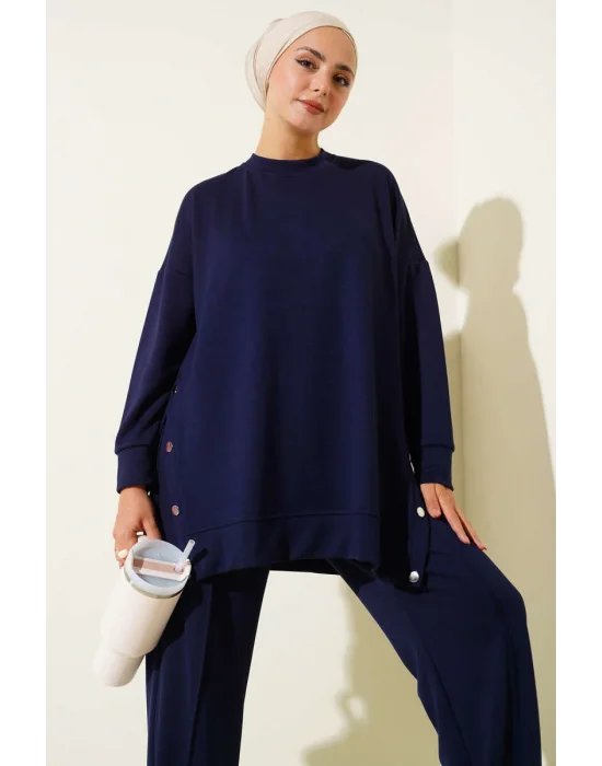 Bisiklet Yaka Yanları Metal Düğmeli İkili Takım Lacivert