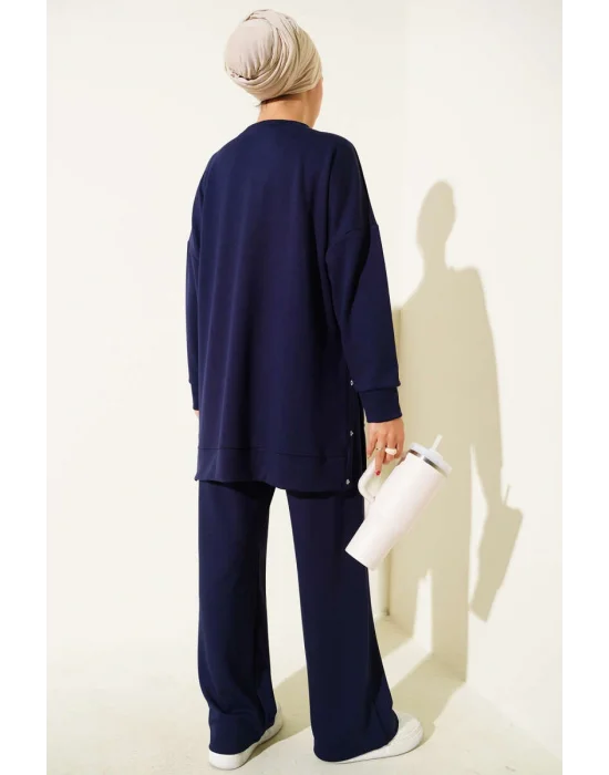 Bisiklet Yaka Yanları Metal Düğmeli İkili Takım Lacivert