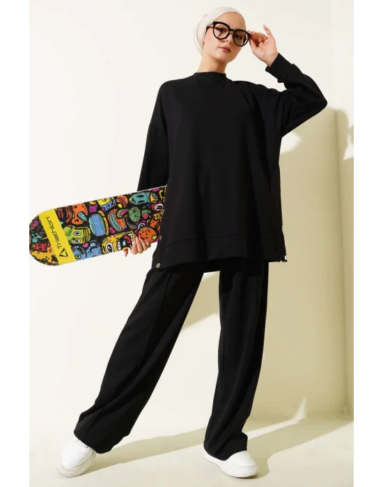 Bisiklet Yaka Yanları Metal Düğmeli İkili Takım Siyah