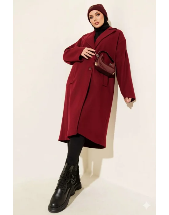 Bordo Premium Kruvaze Yaka Oversize Uzun Kaşe Kaban