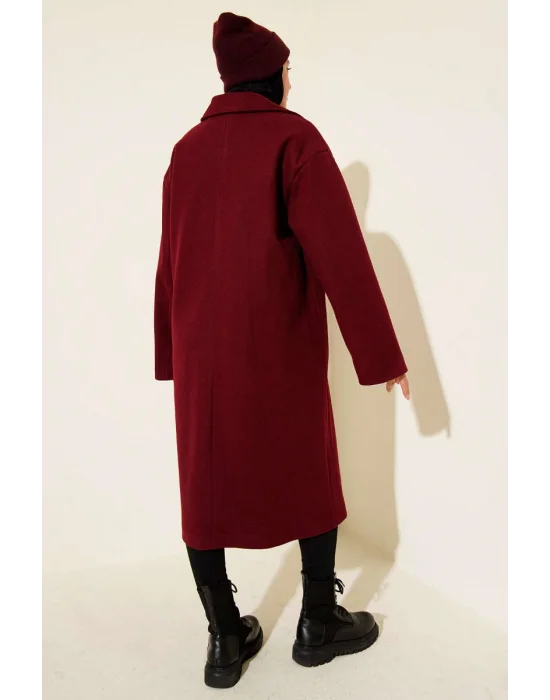 Bordo Premium Kruvaze Yaka Oversize Uzun Kaşe Kaban