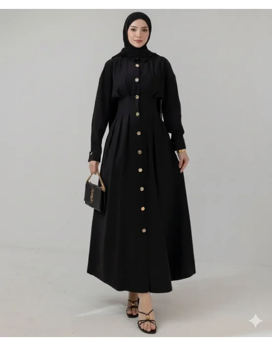 Düğme Detaylı Beli Büzgülü Tasarım Elbise