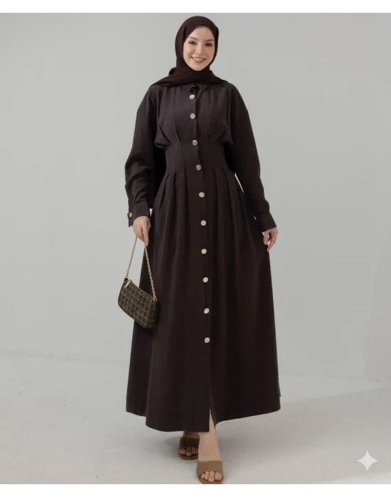 Düğme Detaylı Beli Büzgülü Tasarım Elbise