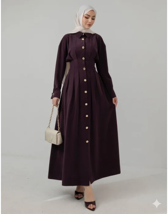 Düğme Detaylı Beli Büzgülü Tasarım Elbise