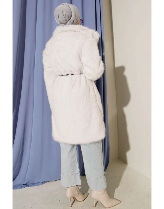 Ekru Lüks Kürk Detaylı Uzun Kaban