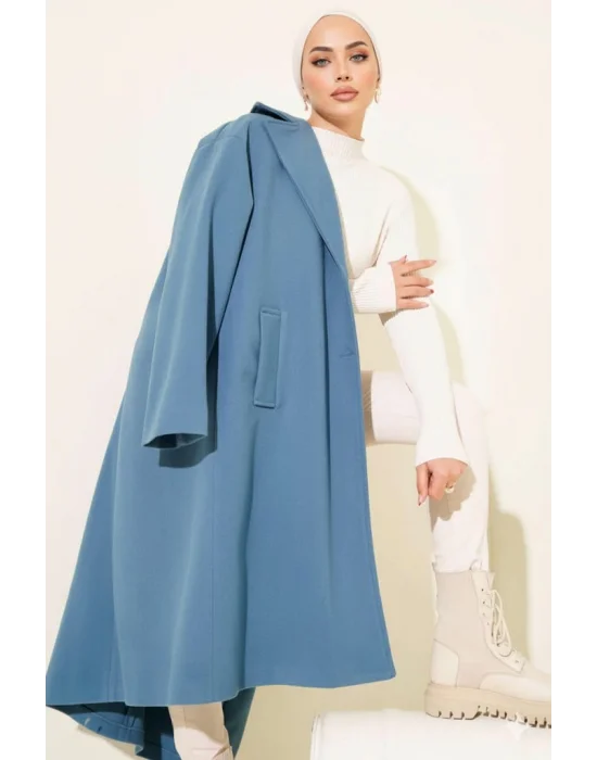 Gök Mavisi Premium Kruvaze Yaka Oversize Uzun Kaşe Kaban