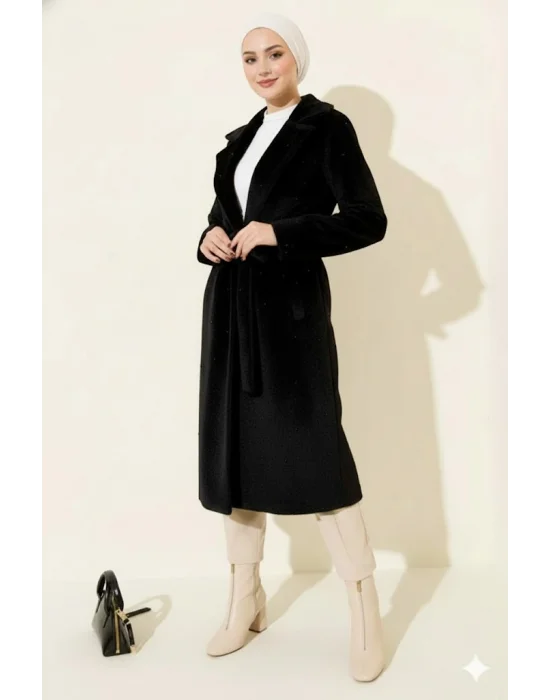 Siyah İncili Kaşe Kaban Kuşaklı Anvelop Uzun Palto
