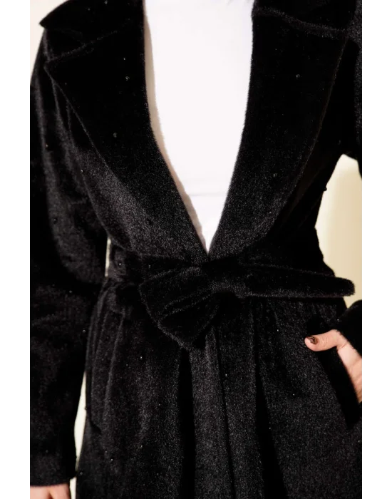 Siyah İncili Kaşe Kaban Kuşaklı Anvelop Uzun Palto